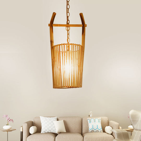 1-Head Bamboo Bucket Pendant Light: Stylish Beige Lodge Ceiling Fixture for Restaurants