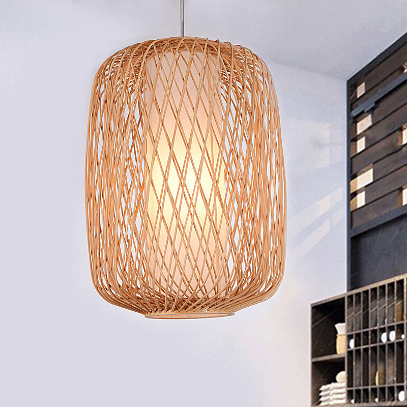 Stylish Asian Hand-Knitted Bamboo Pendant Lamp - Beige Shade 1 Light Living Room Lighting