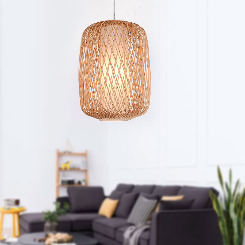 Stylish Asian Hand-Knitted Bamboo Pendant Lamp - Beige Shade 1 Light Living Room Lighting