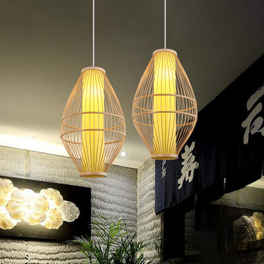 Hand-Woven Beige Hanging Light: Asian Style 1-Light Bamboo Pendant Lamp