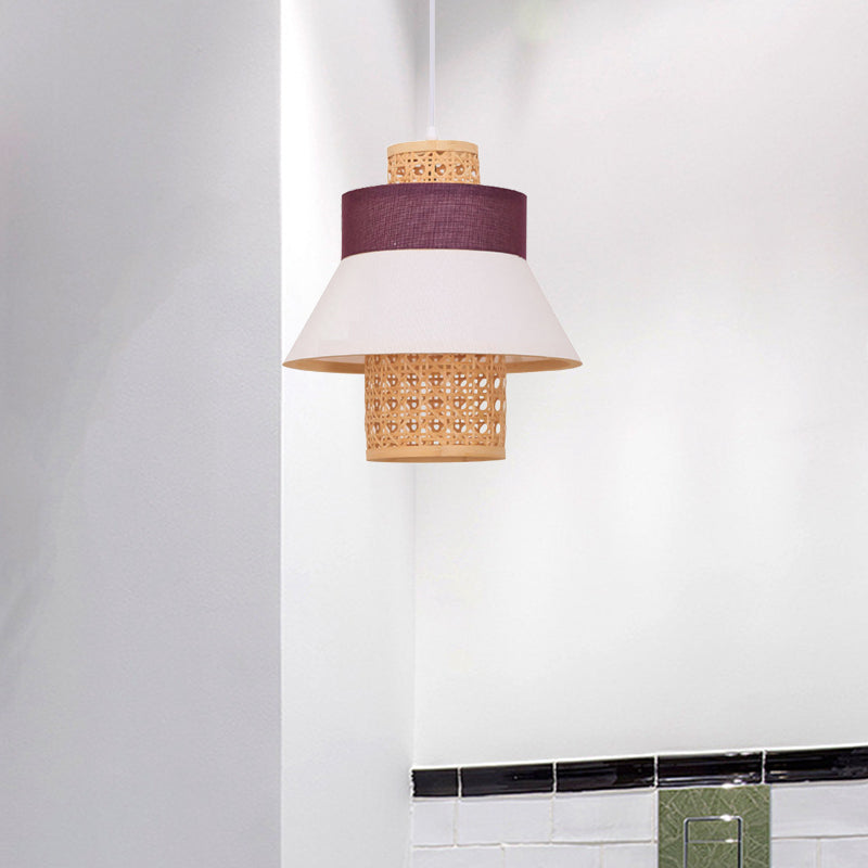 Asian-Inspired Bedroom Pendant Lamp With Handcrafted Green/Purple Fabric And Bamboo Interior Shade