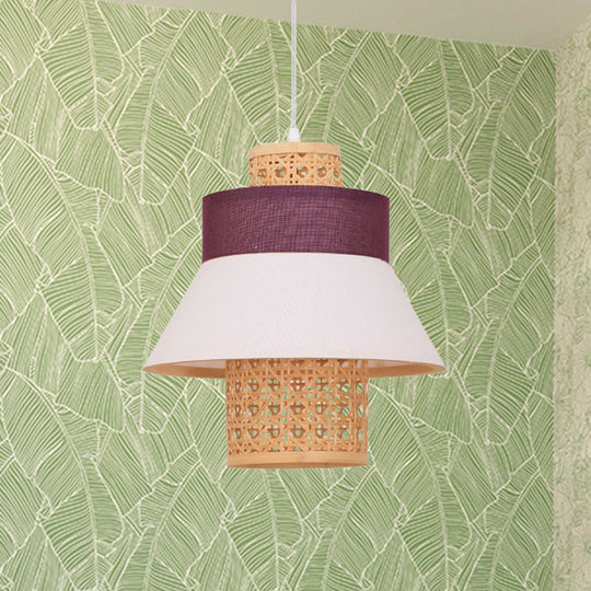 Asian-Inspired Bedroom Pendant Lamp With Handcrafted Green/Purple Fabric And Bamboo Interior Shade