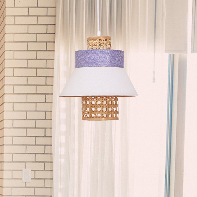 Asian-Inspired Bedroom Pendant Lamp With Handcrafted Green/Purple Fabric And Bamboo Interior Shade