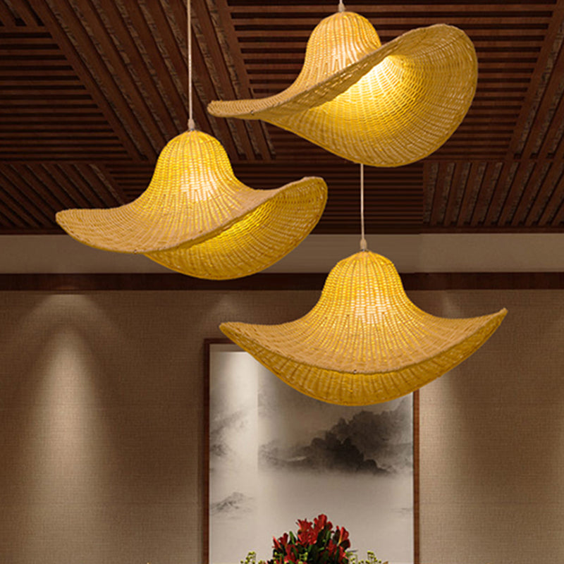 South-East 1-Bulb Hanging Pendant - 16/19.5 Long Rattan Beige Straw Hat Design For Restaurant Tea