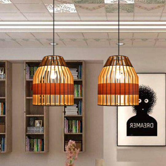 Japanese Wooden Pendant Light Fixture - Yellow Bird Cage Design For Restaurant Hanging Ceiling