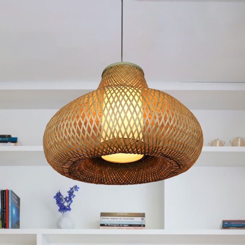 Bamboo Gourd Pendant Light: Chinese 1-Light Beige Hanging Lamp For Restaurants & Hotels