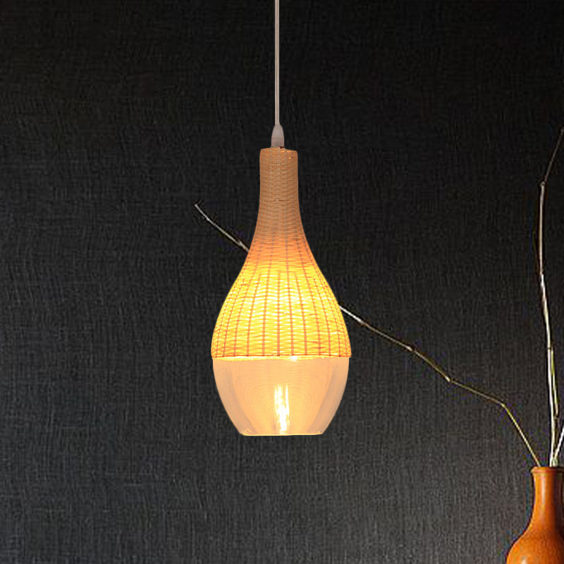 Modern Bamboo Hanging Pendant Light - 6"/10" Wide, Teardrop/Onion, Single Light, Yellow Suspension Lamp with Clear Glass Shade