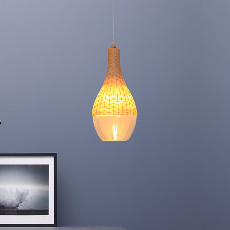 Bamboo Hanging Pendant Single Light Yellow Lamp With Clear Glass Shade - Teardrop/Onion Design 6/10