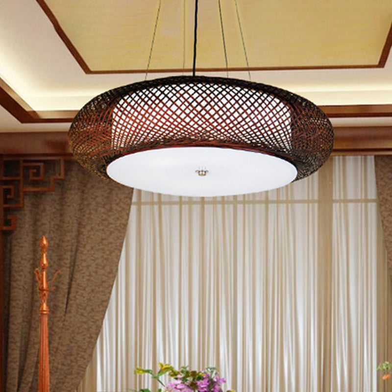 Hand-Crafted Bamboo Suspension Light For Dining: Brown/Wood Finish With Asian-Inspired Drum Shade