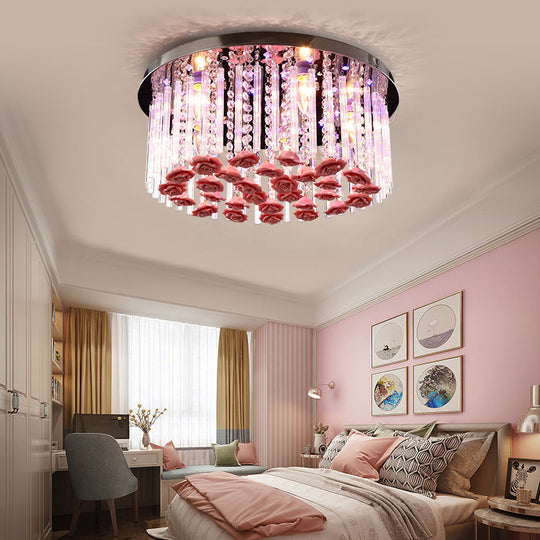 Red LED Round Ceiling Light with Stylish Crystal and Ceramic Design and Rose Deco