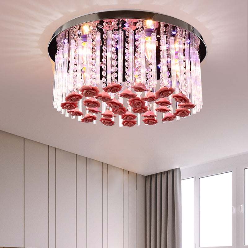 Red LED Round Ceiling Light with Stylish Crystal and Ceramic Design and Rose Deco