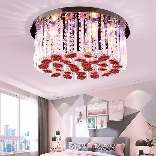 Red LED Round Ceiling Light with Stylish Crystal and Ceramic Design and Rose Deco