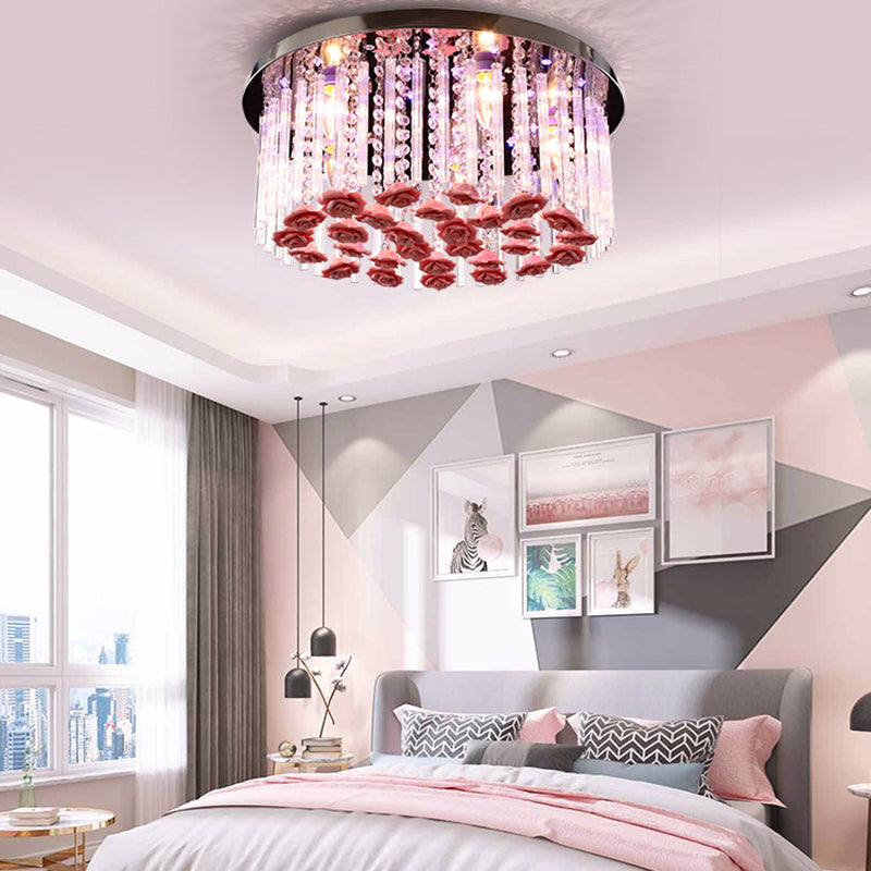 Red LED Round Ceiling Light with Stylish Crystal and Ceramic Design and Rose Deco