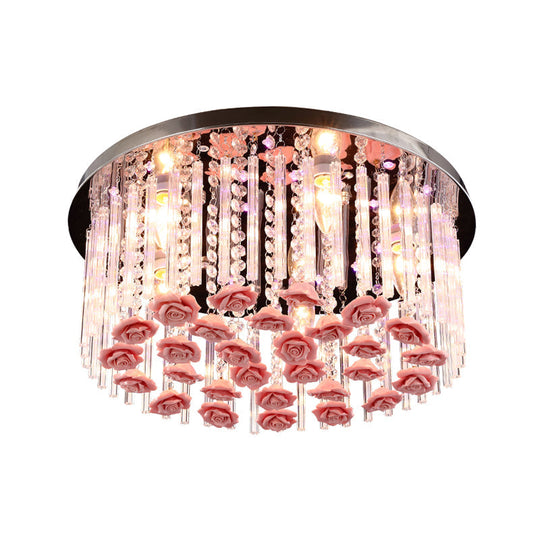 Red LED Round Ceiling Light with Stylish Crystal and Ceramic Design and Rose Deco