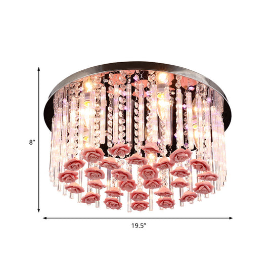 Red LED Round Ceiling Light with Stylish Crystal and Ceramic Design and Rose Deco