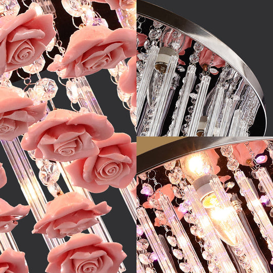 Red LED Round Ceiling Light with Stylish Crystal and Ceramic Design and Rose Deco