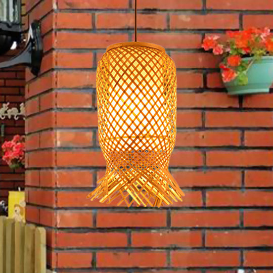 Bamboo Lantern Pendant Light For Restaurant In Beige