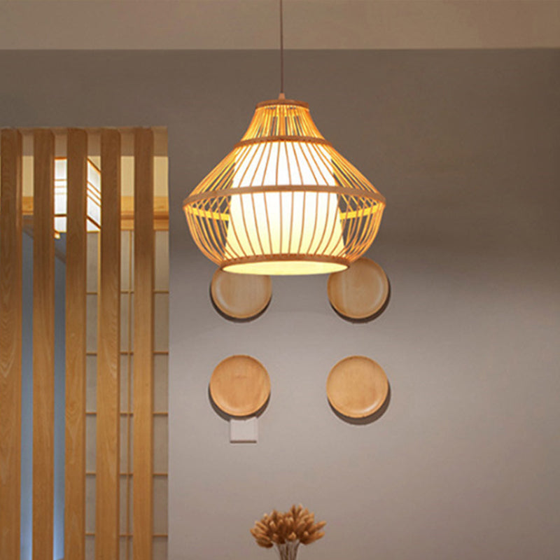 Asian Bamboo Lantern Pendant Light - Single Bulb Hanging Lamp For Restaurants (16/18 Diameter)