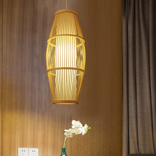 Handmade Bamboo Suspension Light: Asian Ellipse Shade For Restaurant Beige