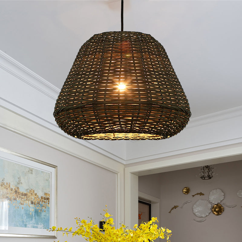 Handcrafted Rattan Bucket Pendant: Rustic Single-Head Brown Hanging Lamp For Restaurants