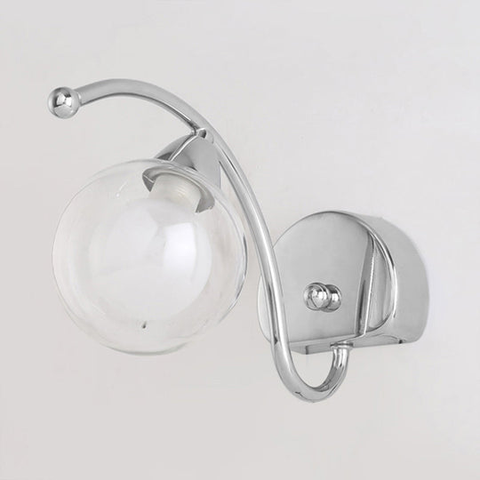 Modern Clear Glass Wall Lamp With Led Light In Chrome - Bedroom Sconce Curved Arm