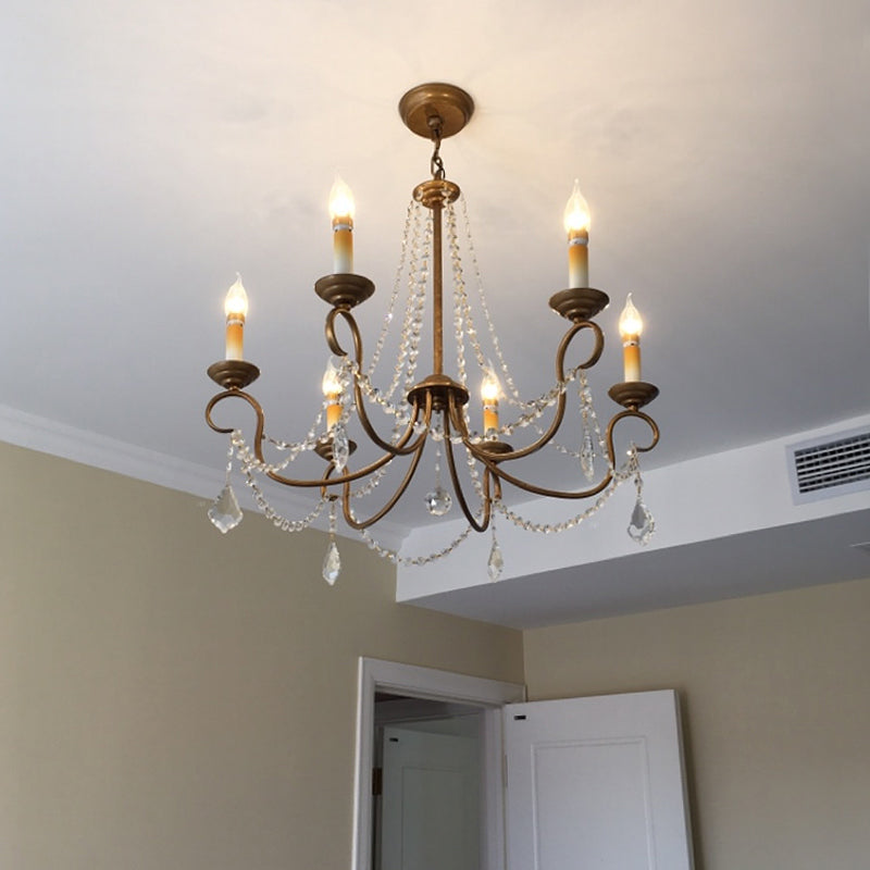 Vintage Brass Chandelier Pendant Light With Crystal Beaded Strand - 6/9 Lights Hanging