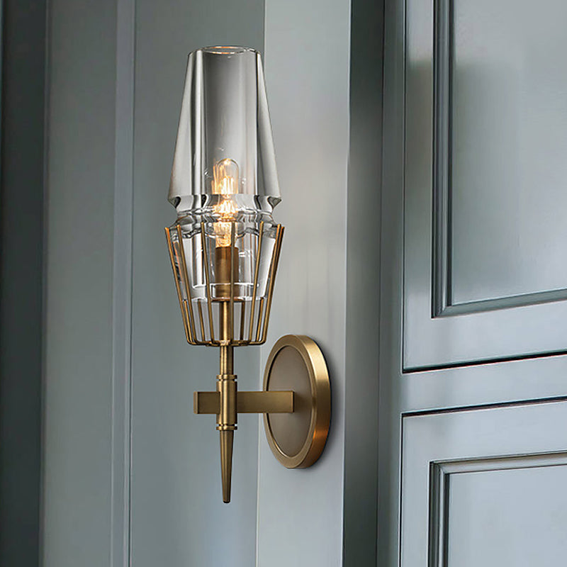 Modern Clear Glass Wall Sconce Tapered Design Gold Finish 1/2 Mount Lights