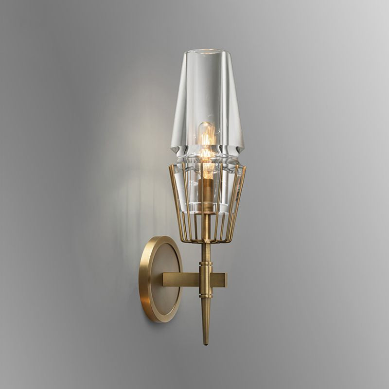 Modern Clear Glass Wall Sconce Tapered Design Gold Finish 1/2 Mount Lights