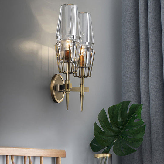 Modern Clear Glass Wall Sconce Tapered Design Gold Finish 1/2 Mount Lights