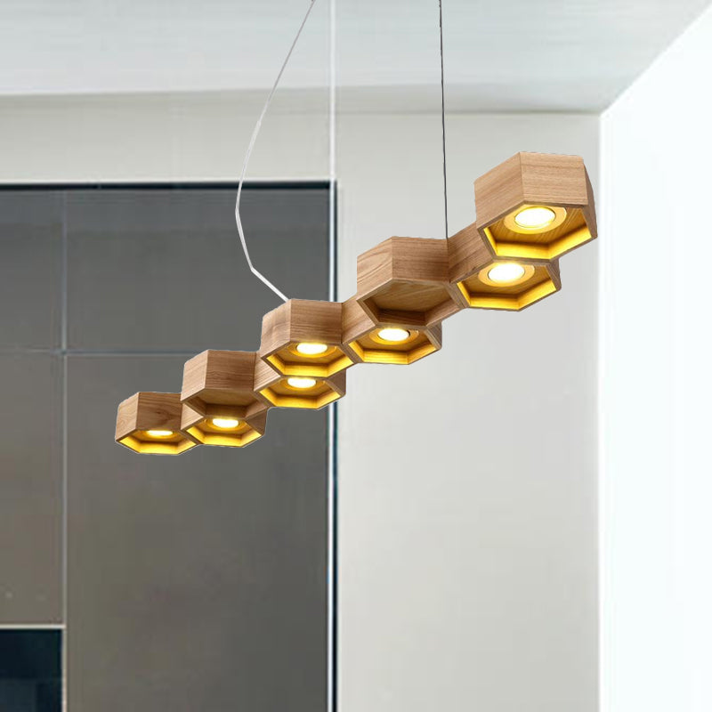 Modern Hexagonal Wooden Ceiling Light Fixture For Living Room - 5/7-Light Island Lighting