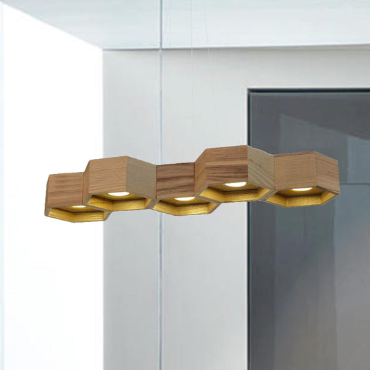 Modern Hexagonal Wooden Ceiling Light Fixture For Living Room - 5/7-Light Island Lighting