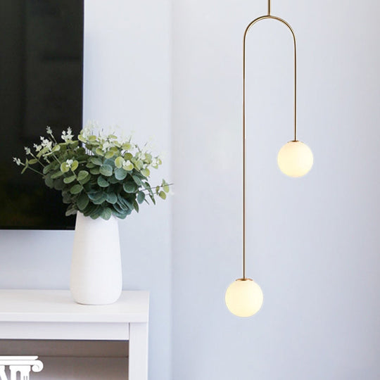 Black/Gold Ball Cluster Pendant Post-Modernist 2 Lights White Glass Led Ceiling Light Fixture with Bend Rod