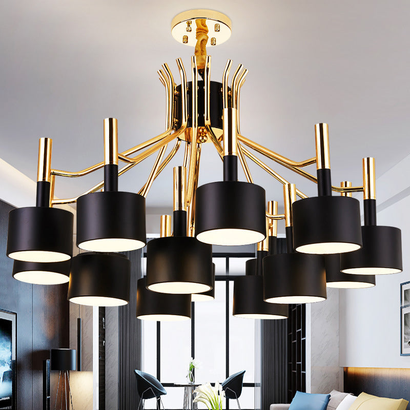 Modern Starburst Ceiling Pendant Light: Drum Metal Shade Black/White Chandelier For Bedroom (12/15