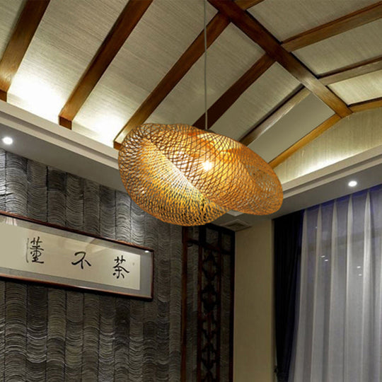 Rattan Hanging Pendant Lamp - Asian Style Hat Shape 1-Light Ceiling Fixture For Dining Table