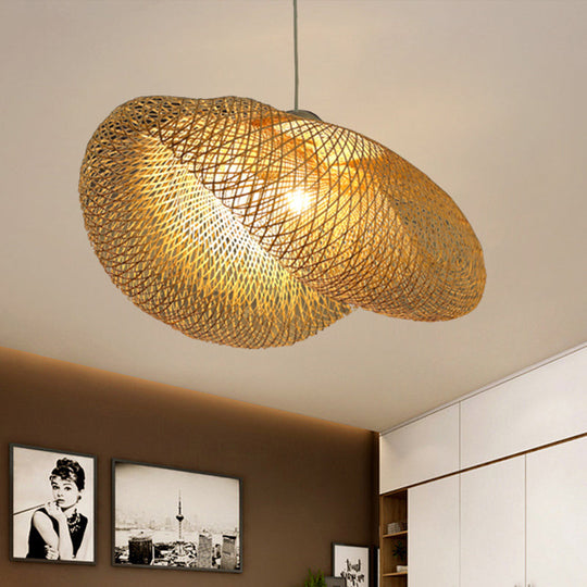 Rattan Hanging Pendant Lamp - Asian Style Hat Shape 1-Light Ceiling Fixture For Dining Table