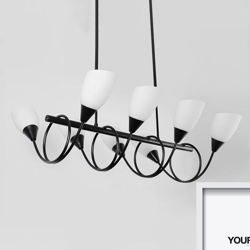 Vintage Black Cup Chandelier Light - 6/8/10 Lights White Glass Led Pendant Lamp With Linear Design