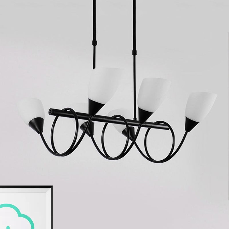 Vintage Black Cup Chandelier Light - 6/8/10 Lights White Glass Led Pendant Lamp With Linear Design