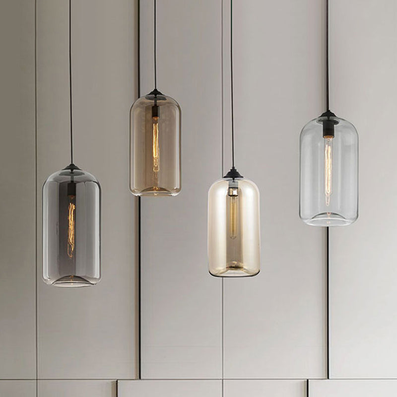 Contemporary Glass Cylinder Pendant Light - 1 Black Hanging Fixture With Clear Amber And Smoky