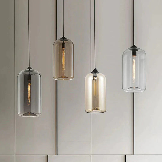 Contemporary Style Clear/Amber/Smoky Glass Cylindrical Pendant Light