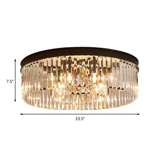 Vintage Circular Flush Mount Ceiling Lamp With Clear Crystal Prism In Black - 4/6/8 Lights