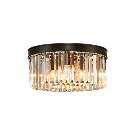 Vintage Circular Flush Mount Ceiling Lamp With Clear Crystal Prism In Black - 4/6/8 Lights