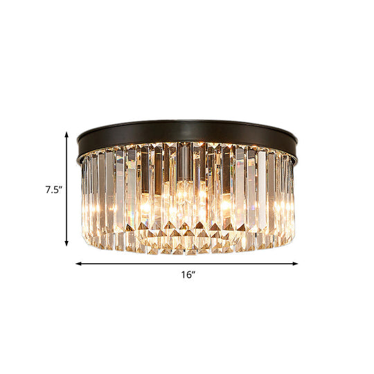 Vintage Circular Flush Mount Ceiling Lamp With Clear Crystal Prism In Black - 4/6/8 Lights