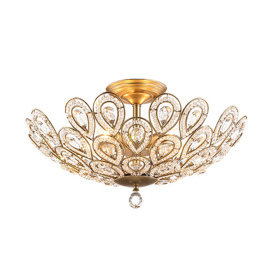 Brass Peacock Tail Flush Ceiling Light - Lodge Style Metal Lamp with Crystal Beads - 3/5 Lights for Living Room