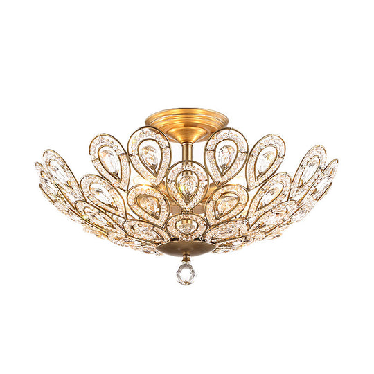 Brass Peacock Tail Flush Ceiling Light - Lodge Style Metal Lamp With Crystal Beads 3/5 Lights For