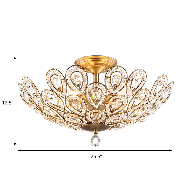 Brass Peacock Tail Flush Ceiling Light - Lodge Style Metal Lamp with Crystal Beads - 3/5 Lights for Living Room