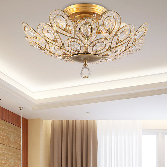 Brass Peacock Tail Flush Ceiling Light - Lodge Style Metal Lamp with Crystal Beads - 3/5 Lights for Living Room