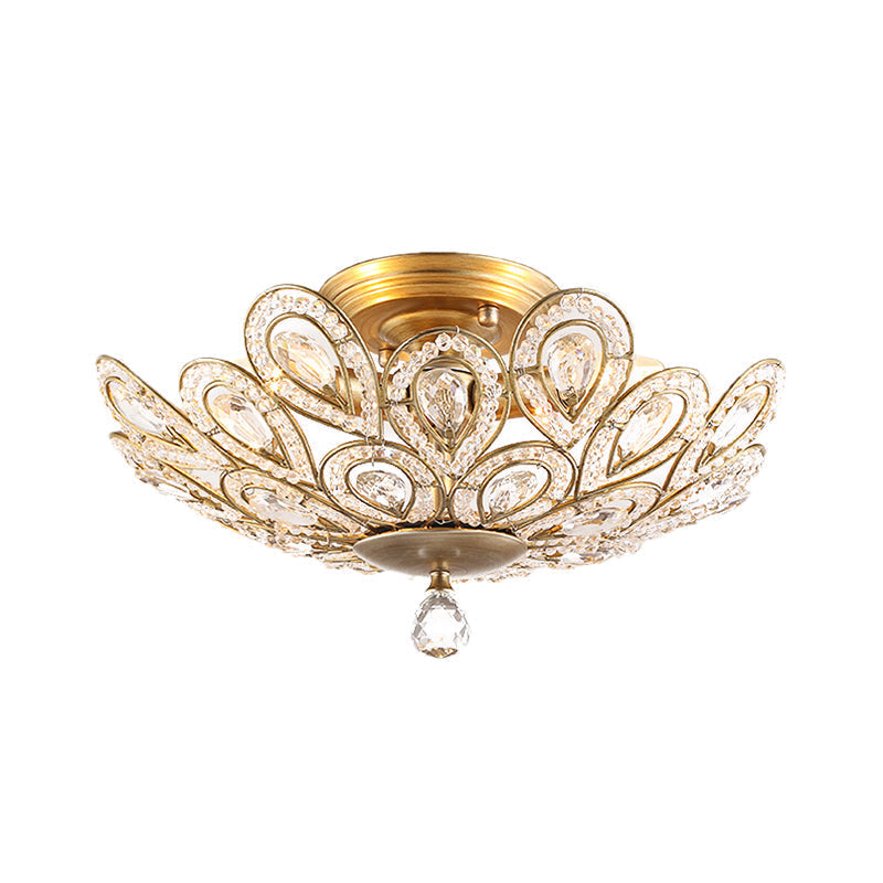 Brass Peacock Tail Flush Ceiling Light - Lodge Style Metal Lamp with Crystal Beads - 3/5 Lights for Living Room