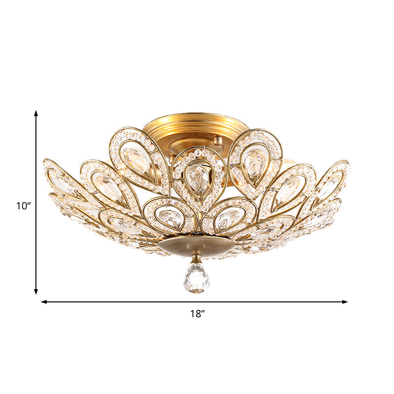 Brass Peacock Tail Flush Ceiling Light - Lodge Style Metal Lamp with Crystal Beads - 3/5 Lights for Living Room