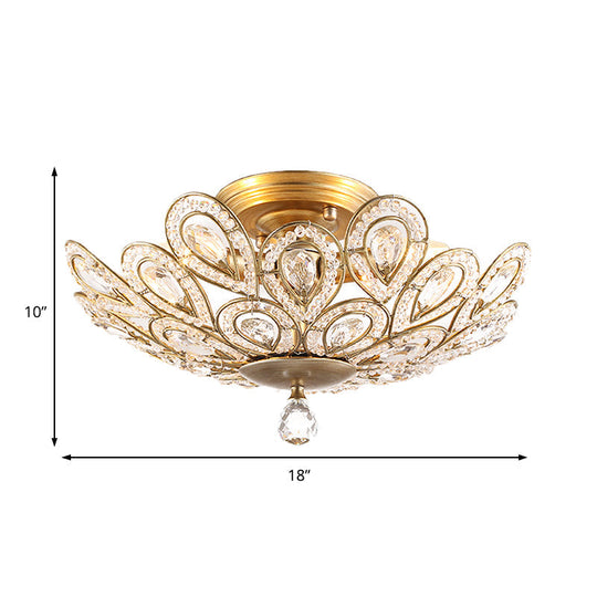 Brass Peacock Tail Flush Ceiling Light - Lodge Style Metal Lamp with Crystal Beads - 3/5 Lights for Living Room