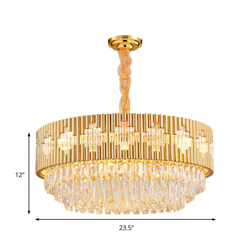 Vintage Circular Chandelier Pendant Light with Crystal Prism - Gold Metal